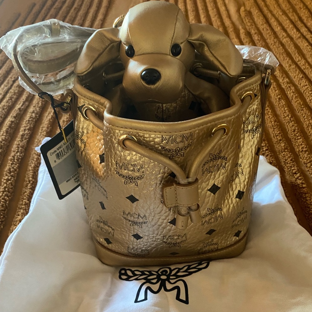 MCM Dog Berlin Gold Drawstring Crossbody Handbag NWT